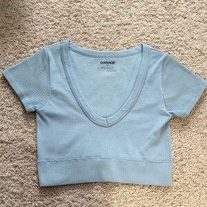 Garage Sky Blue Ribbed V-Neck Crop Top